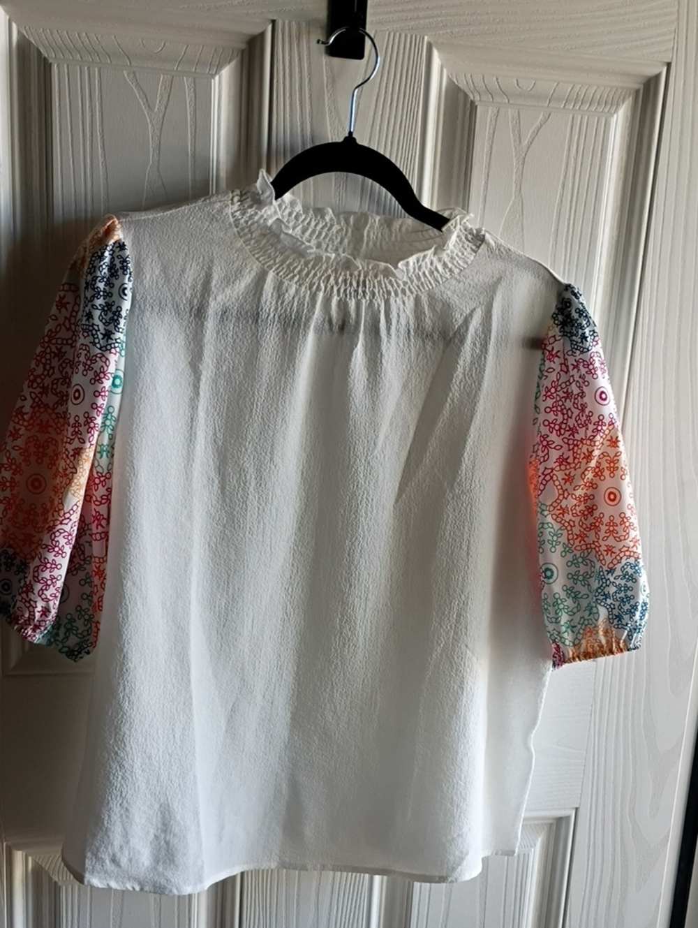 SHEIN White Blouse with Multicolor Floral Bandana Puff Sleeves- New